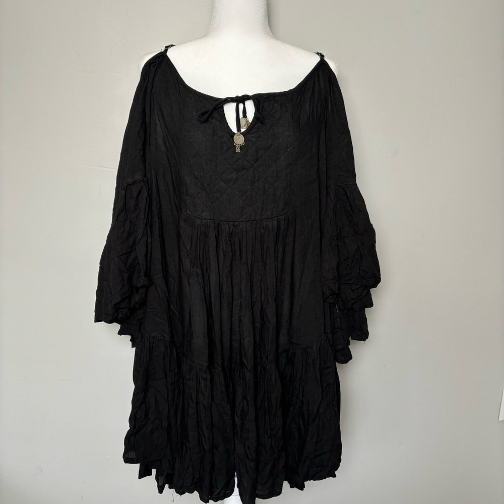 Pachamama Black Boho Cold Shoulder Mini Dress-Quilted Yoke-Coin Tassels-Small